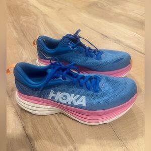 Hoka Bondi 8 Blue Running Shoes with Pink Midsole